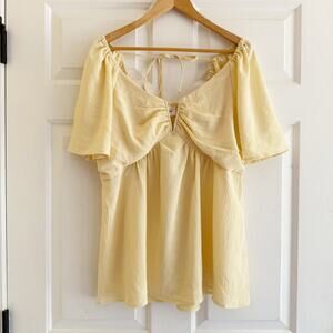 Heyson Women’s 1X Peasant Blouse Butter‎ Yellow Smocked Puff Sleeves Flowy Boho